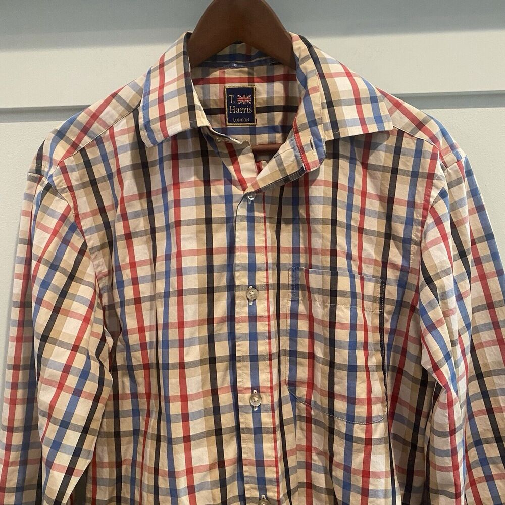 T. Harris London Shirt Men‎ Large L Red Cream Plaid Check Long Sleeve Classic